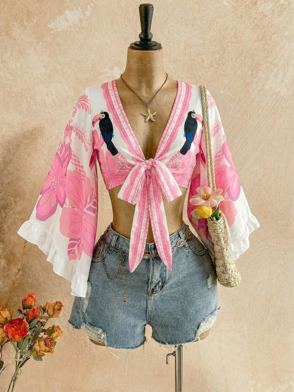 Pink Women's Boho Casual Vacation Tie-Front Leopard Print Shirt